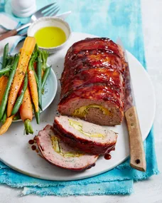 Rolled meatloaf with pumpkin & brussels sprouts