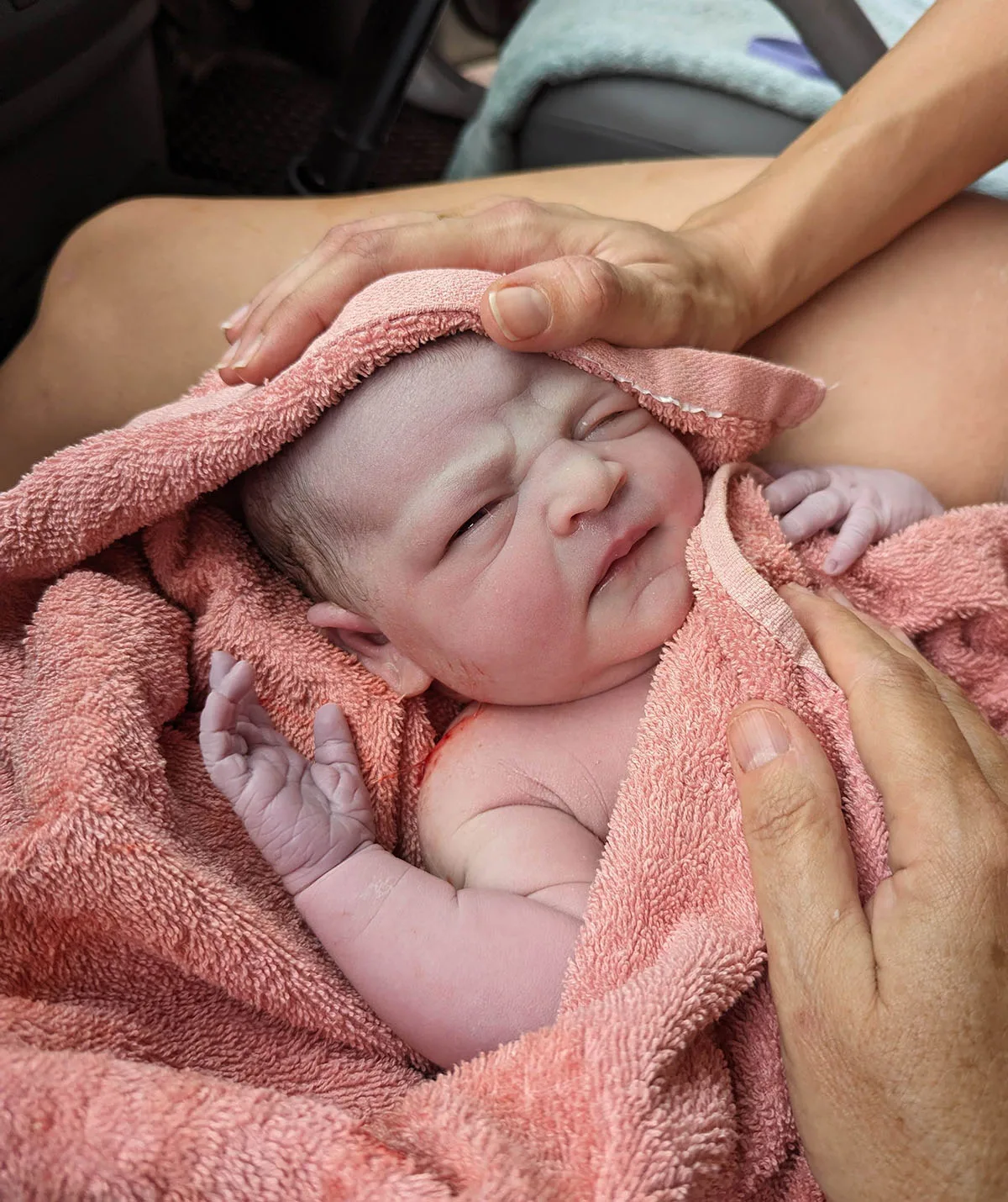 Newborn Dawn after she was born in the ute. (Image: Supplied)