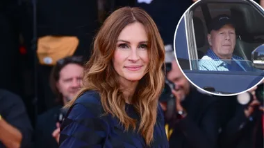 A picture of a woman smiling and an inset of a man.