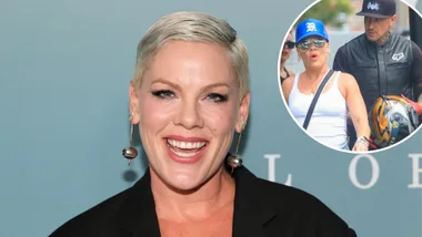 A smiling woman with an inset of the same woman with a man.