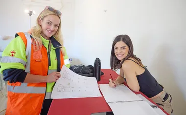 The Block stars Britt and Steph working together on a challenge for the Daylesford movie theatre.