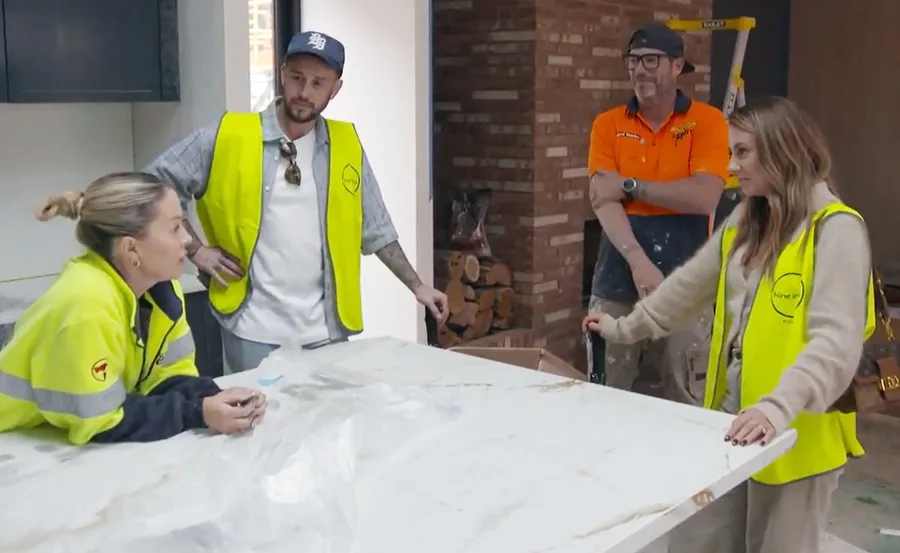 Alicia and Sonny pictured with former Block contestants Kristy and Brett in their kitchen on The Block 2025.