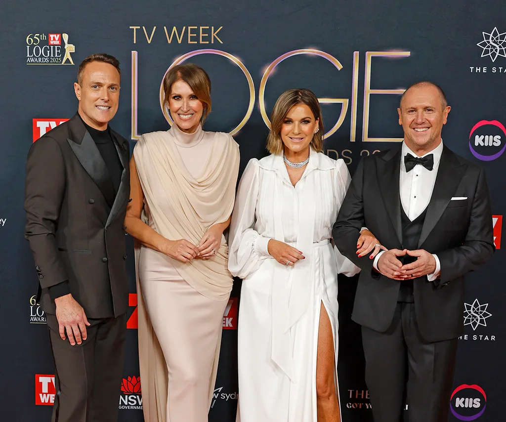 SYDNEY, AUSTRALIA - AUGUST 03: Matt Shirvington, Natalie Barr, Kylie Gillies and Larry Emdur attend the 65th TV WEEK Logie Awards at The Star on August 03, 2025 in Sydney, Australia. (Photo by Brendon Thorne/Getty Images)