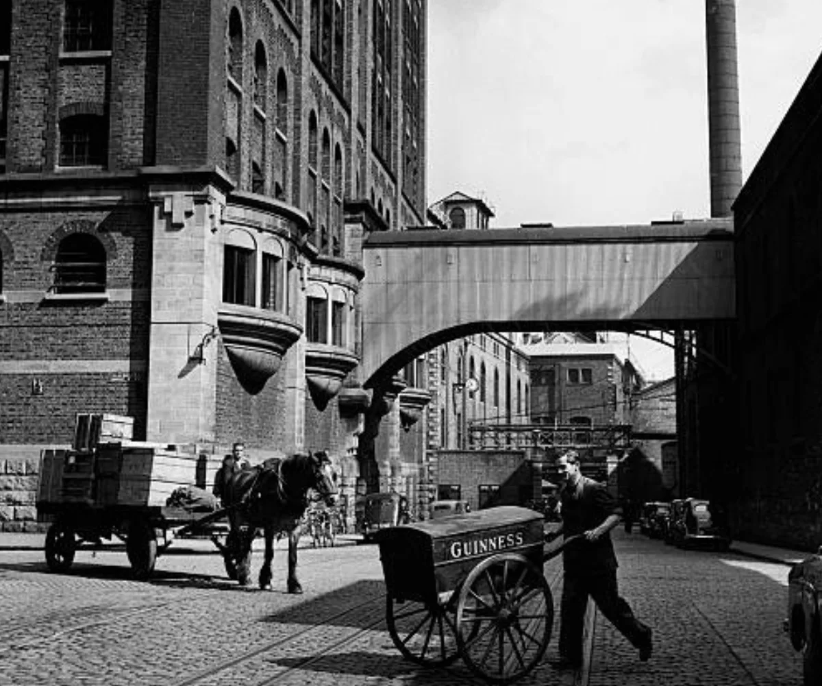 The image shows the original Guinness factory in St James, Dublin, Ireland. 
