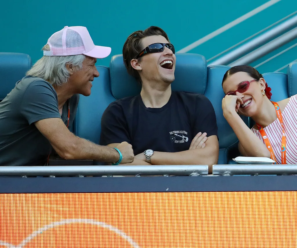 Jon Bon Jovi, Jake Bongiovi and Millie Bobby Brown attend the Miami Open