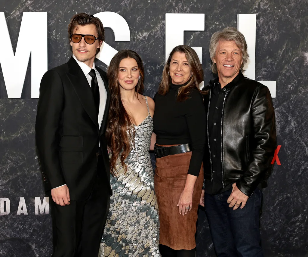 Jake Bongiovi, Millie Bobby Brown, Dorothea Hurley, and Jon Bon Jovi attend the Damsel World Premiere