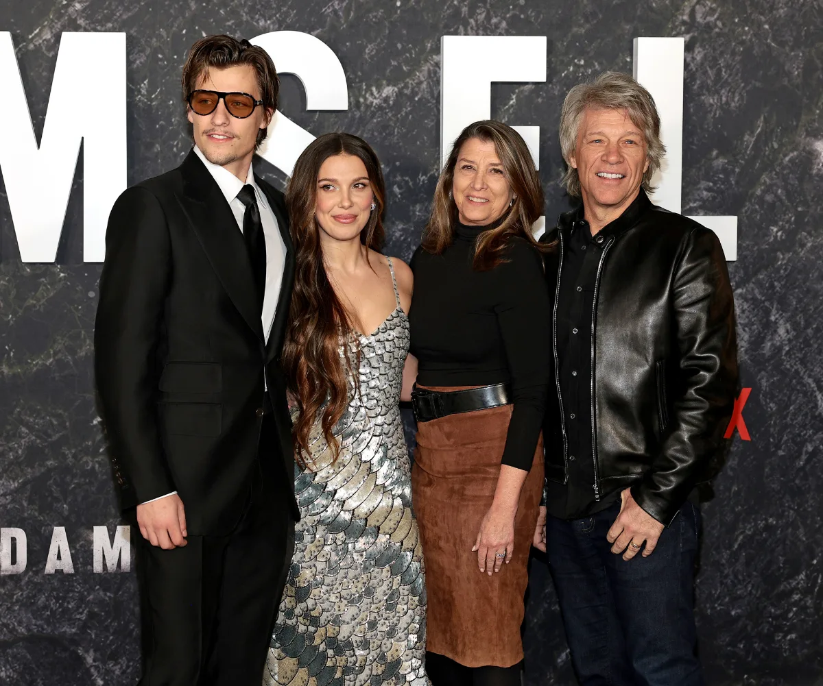 Jake Bongiovi, Millie Bobby Brown, Dorothea Hurley, and Jon Bon Jovi attend the Damsel World Premiere