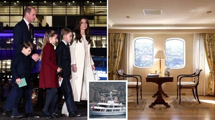 Kate, William and family, left, and right and inset, the Lady Beatrice superyacht