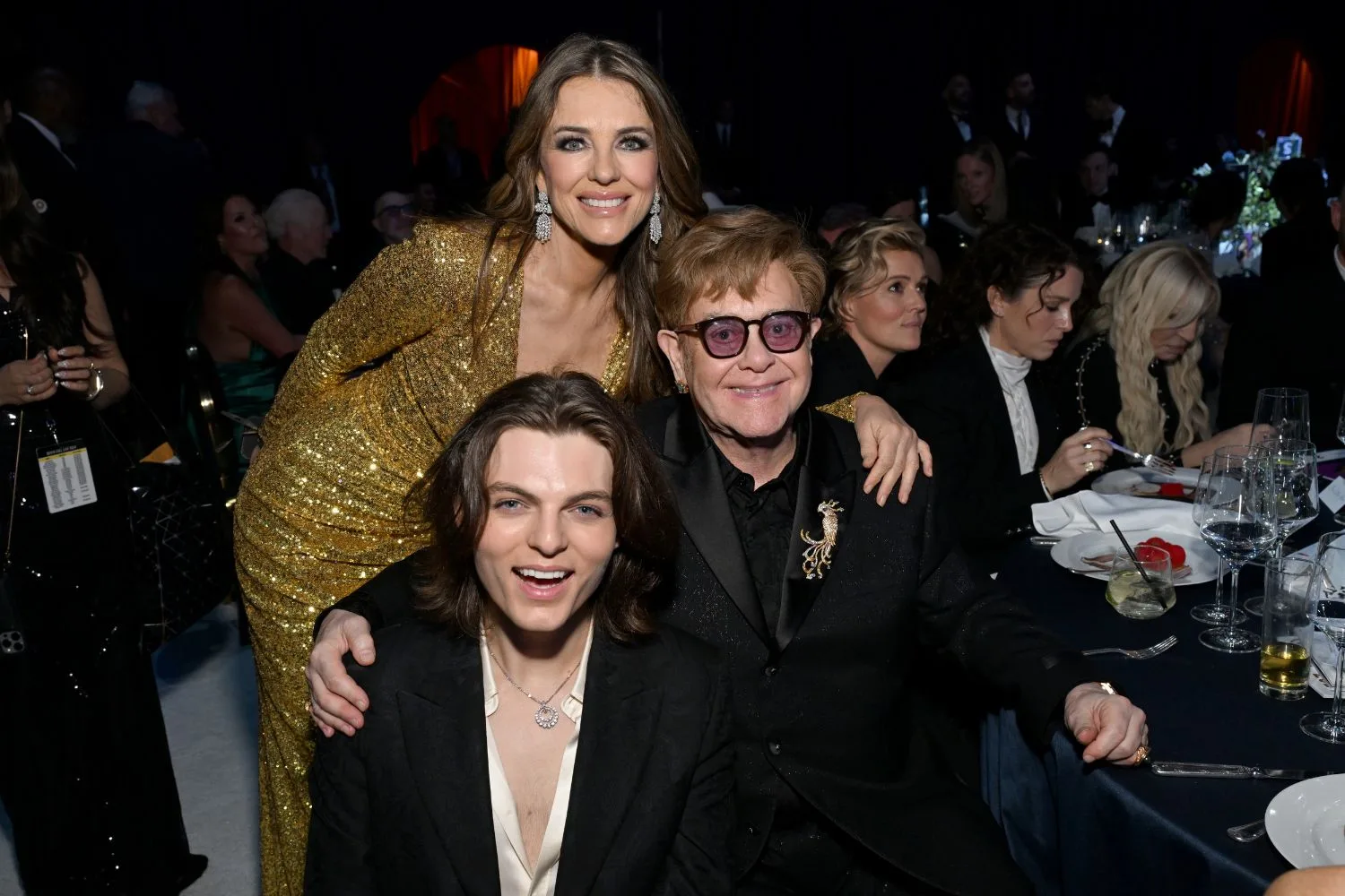 Liz Hurley, her son Damien and Elton John