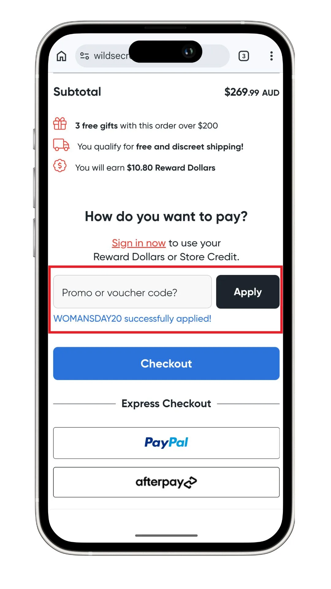 Wild Secrets promo code field at checkout, shown here after we applied the promo code.
