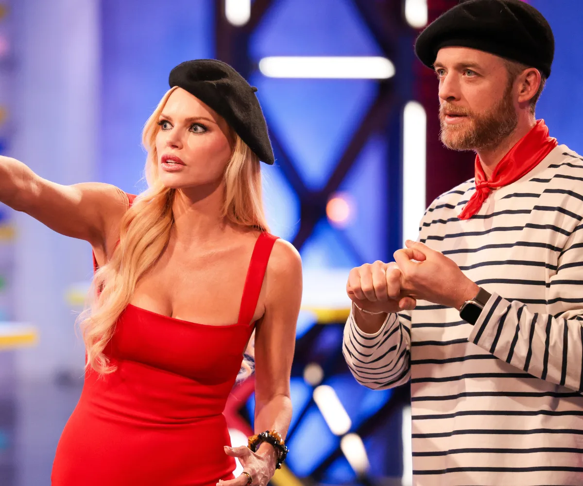 Sophie Monk with Hamish Blake on Lego Masters.