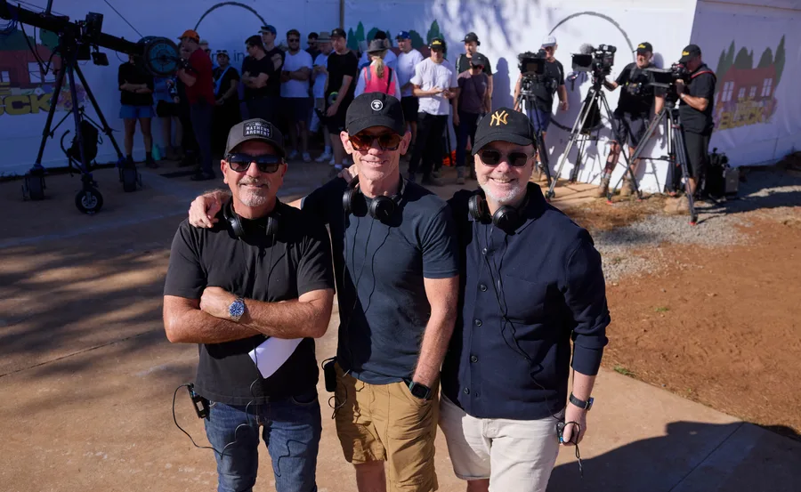 Julian Cress and crew on site of The Block 2025 while filming auction day.
