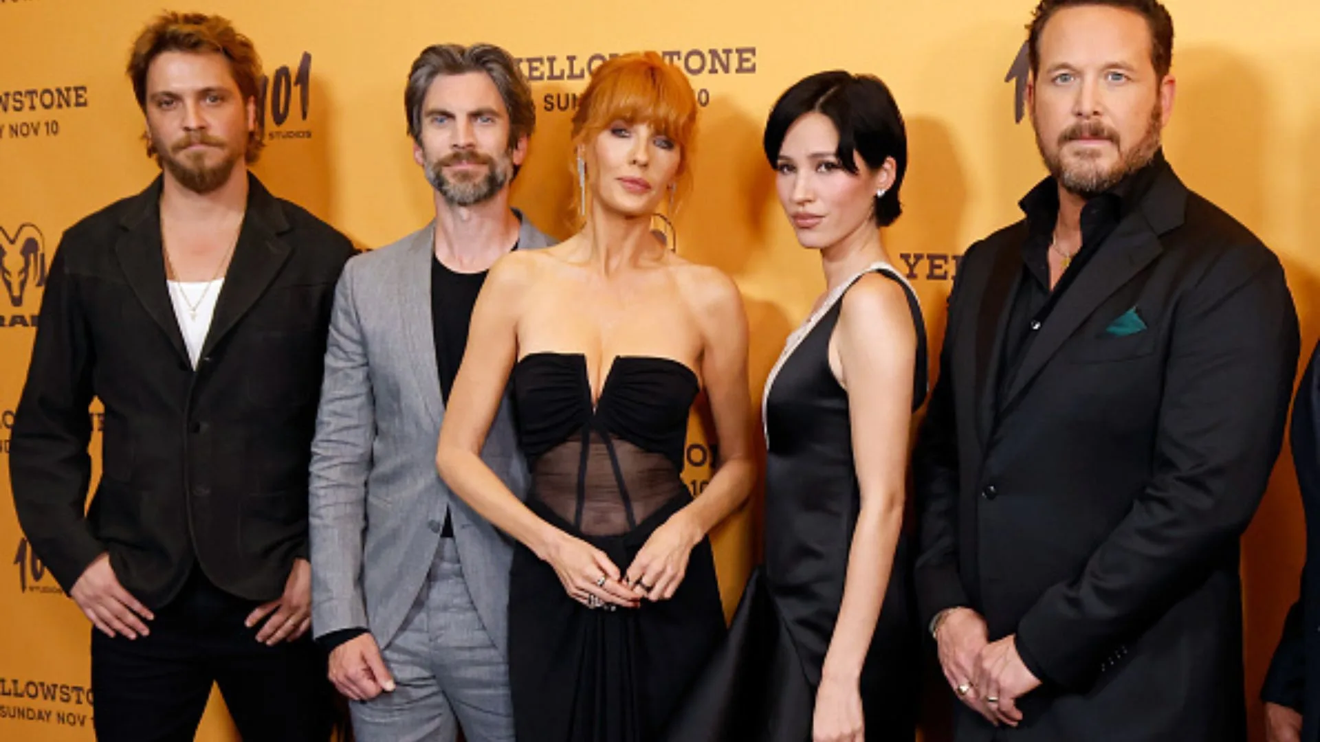 Bust-ups on set! Insiders say things were fraught between the Yellowstone cast (pictured L to R: Luke Grimes, Wes Bentley, Kelly Reilly, Kelsey Asbille, and Cole Hauser). (Image: Getty)