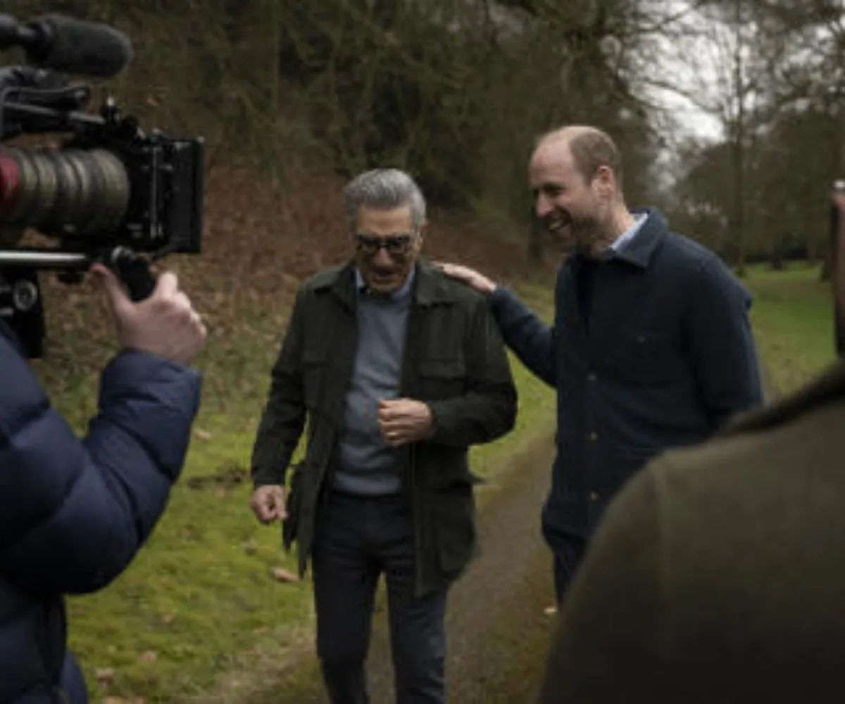 Candid chat: Eugene and Prince William spoke about everything from his kids to the Queen and, of course, the King. (Image: Apple TV)