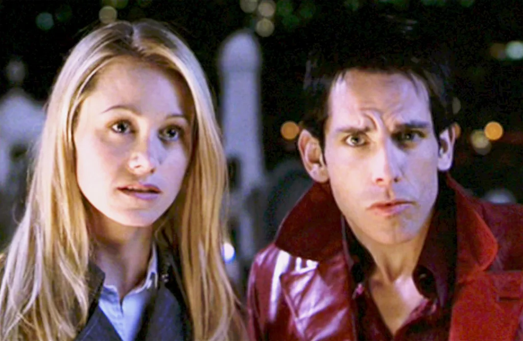The movie "Zoolander", directed by Ben Stiller. Seen here from left, Christine Taylor (as Matilda Jeffries) and Ben Stiller (as Derek Zoolander). Theatrical release September 28, 2001. Screen capture. Paramount Pictures.