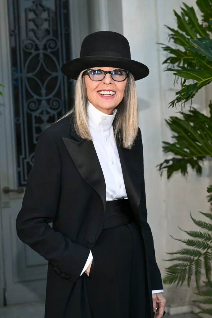 Diane Keaton at the Ralph Lauren Spring 2023 ready to wear runway show held at The Huntington Museum and Gardens on October 13, 2022 in San Marino, California.