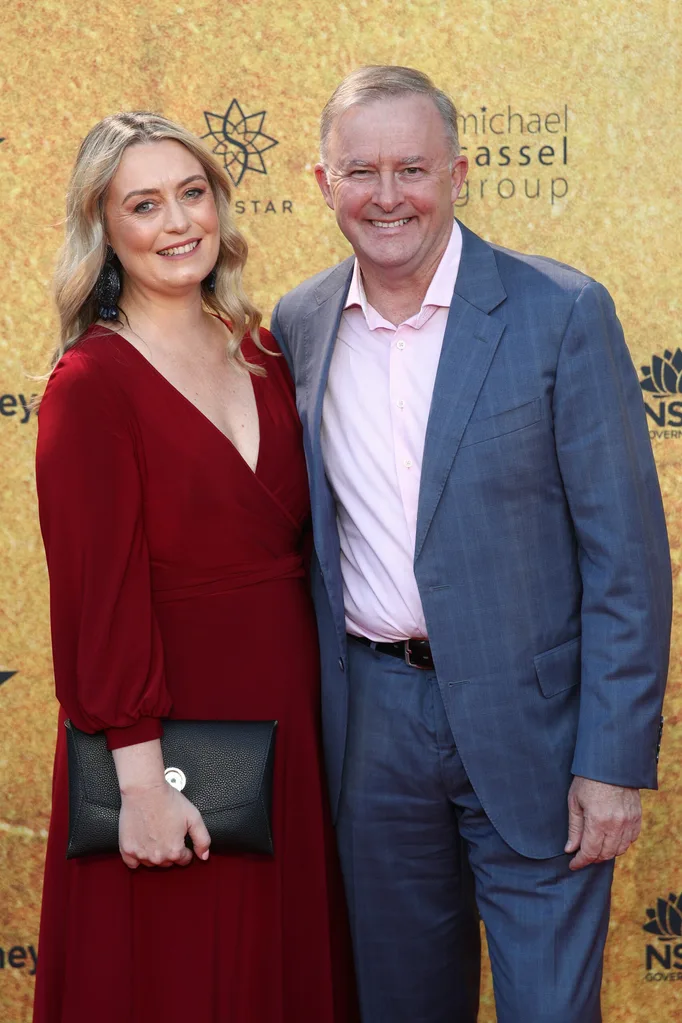 Jodie Haydon and Anthony Albanese attend the Australian premiere of Hamilton at Lyric Theatre, Star City on March 27, 2021 in Sydney, Australia.