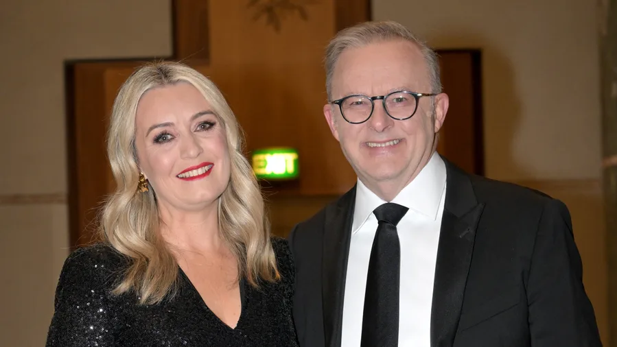 Prime Minister Anthony Albanese and partner Jodie Haydon arrive at the Midwinter Ball at Parliament House on July 03, 2024 in Canberra, Australia.