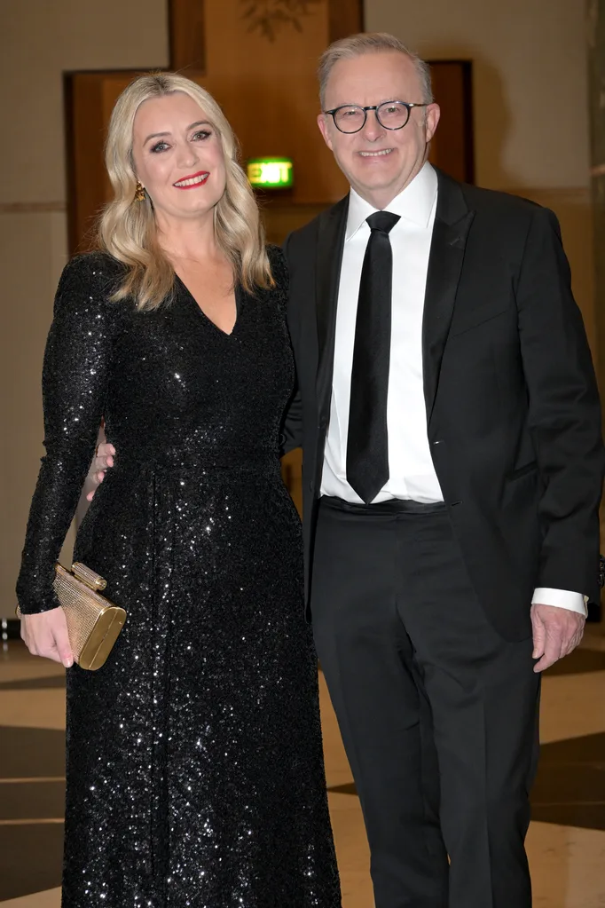 Prime Minister Anthony Albanese and partner Jodie Haydon arrive at the Midwinter Ball at Parliament House on July 03, 2024 in Canberra, Australia. 