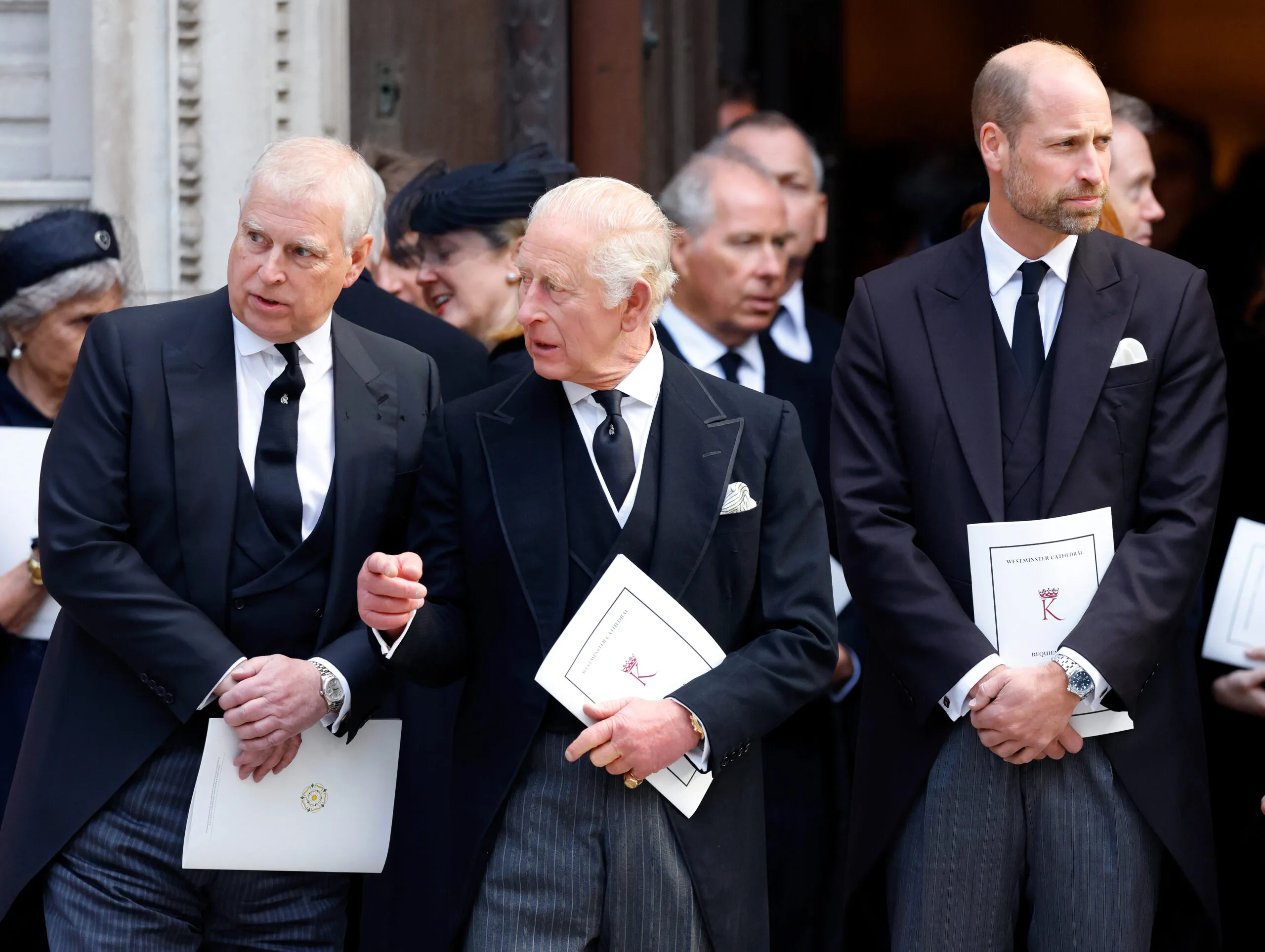 Prince Andrew, Duke of York, King Charles III and Prince William, Prince of Wales attend Katharine, Duchess of Kent's Requiem Mass service at Westminster Cathedral.