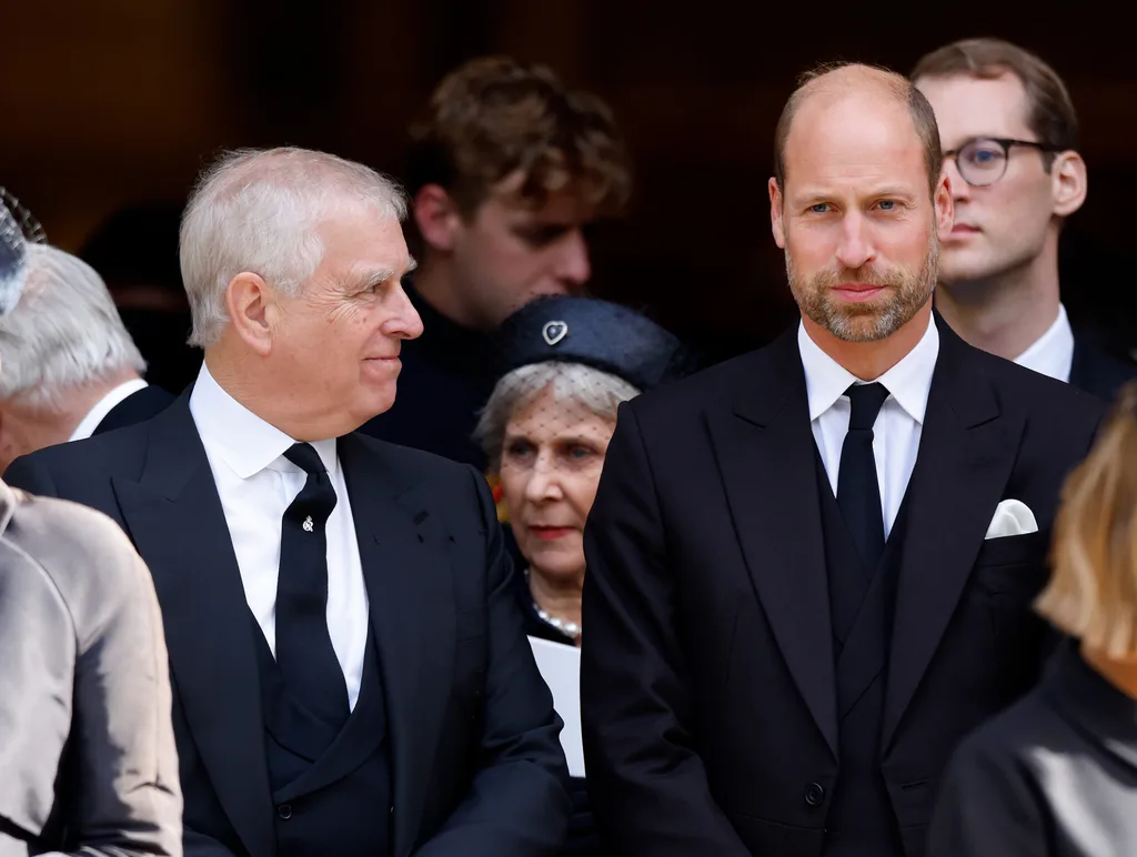 prince Andrew, Duke of York and Prince William, Prince of Wales attend Katharine, Duchess of Kent's Requiem Mass service at Westminster Cathedral on September 16, 2025 in London, England.