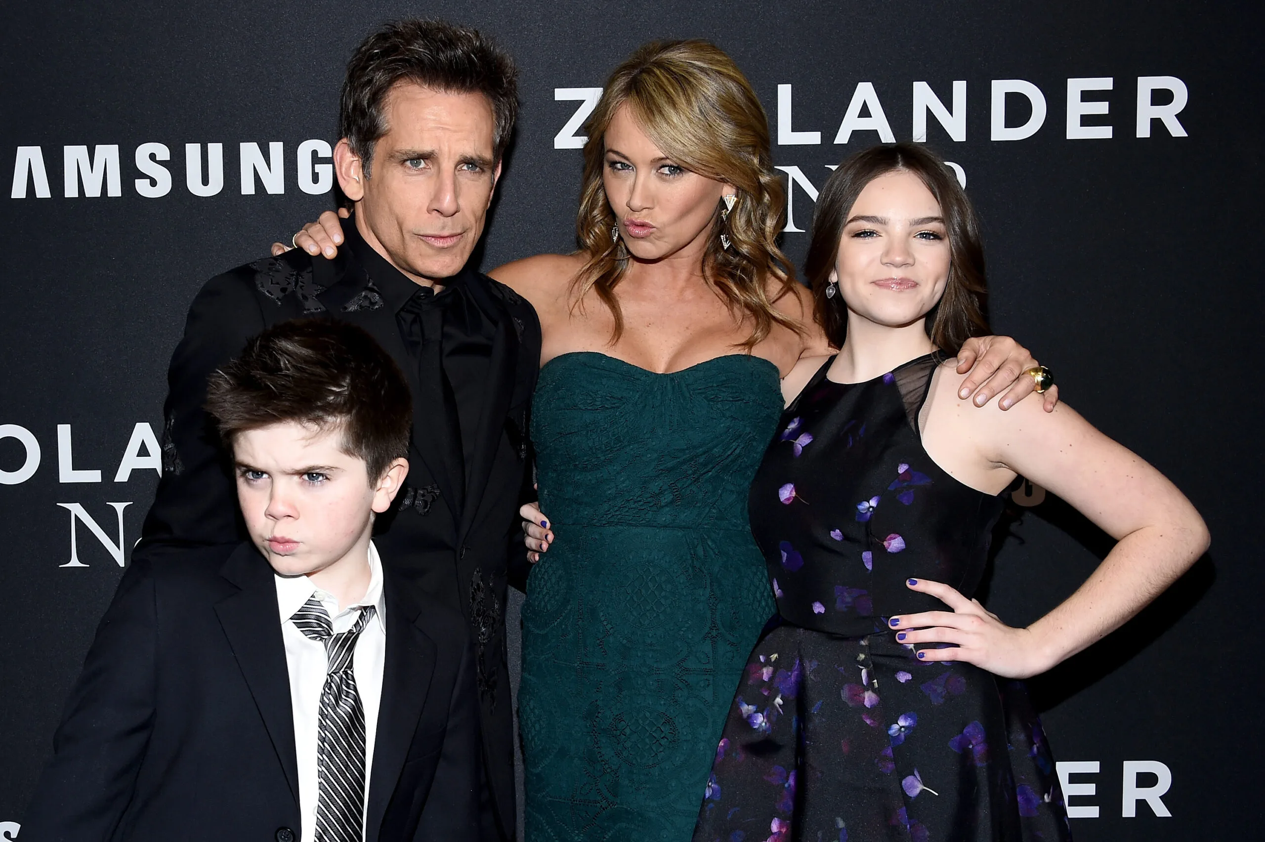 Quinlin Stiller, Ben Stiller, Christine Taylor and Ella Stiller attend the "Zoolander 2" World Premiere at Alice Tully Hall on February 9, 2016 in New York City.