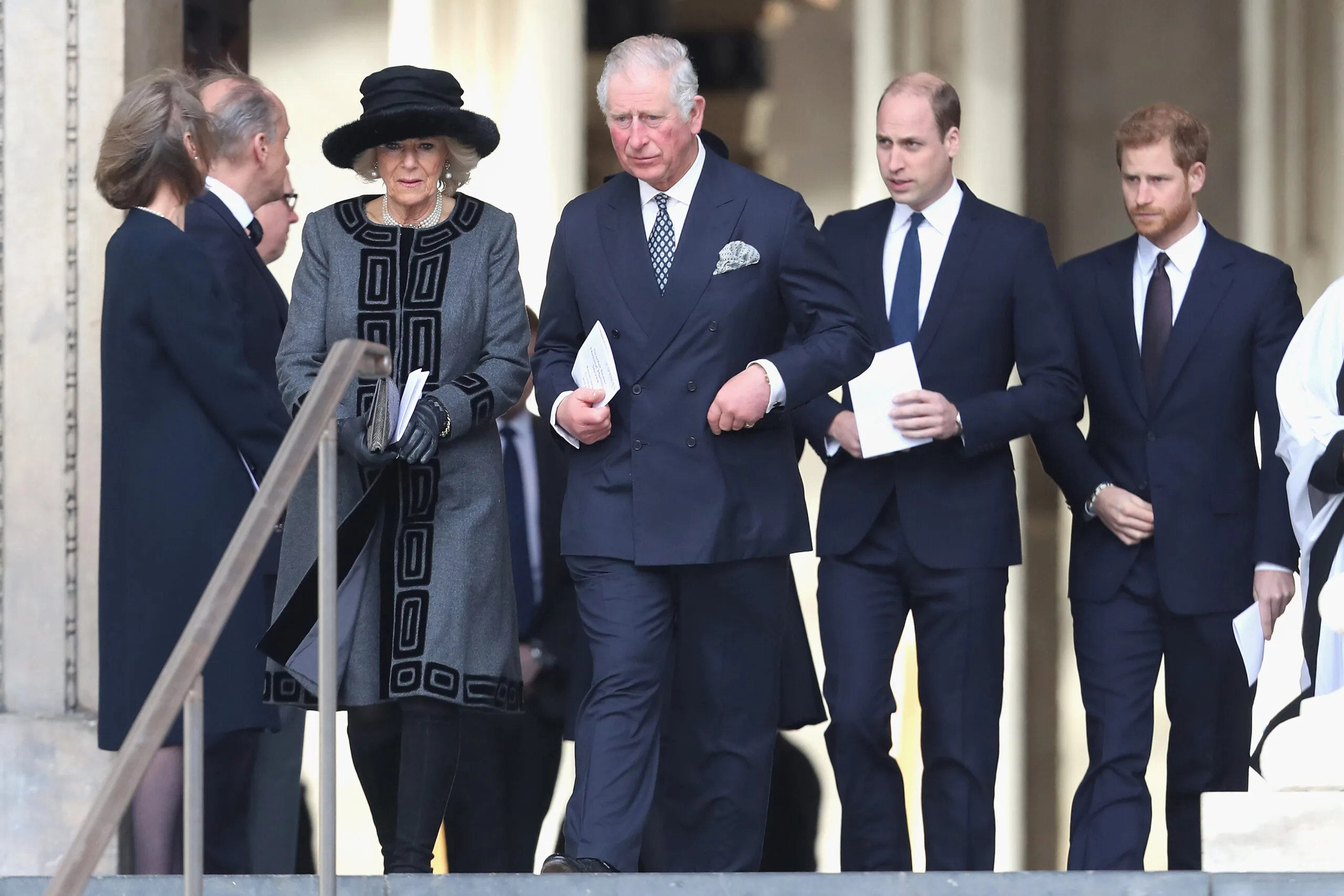 Camilla, Duchess of Cornwall, Prince Charles, Prince of Wales, Prince William, Duke of Cambridge and Prince Harry leave the Grenfell Tower National Memorial Service held at St Paul's Cathedral 