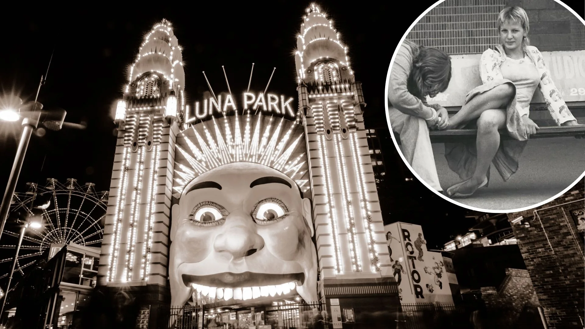 Luna Park at night, INSET: Sandie Jessamine
