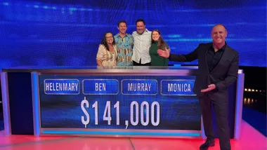 The Chase Australia contestants Helen-Mary, Ben, Murray and Monica with host Larry Emdur.