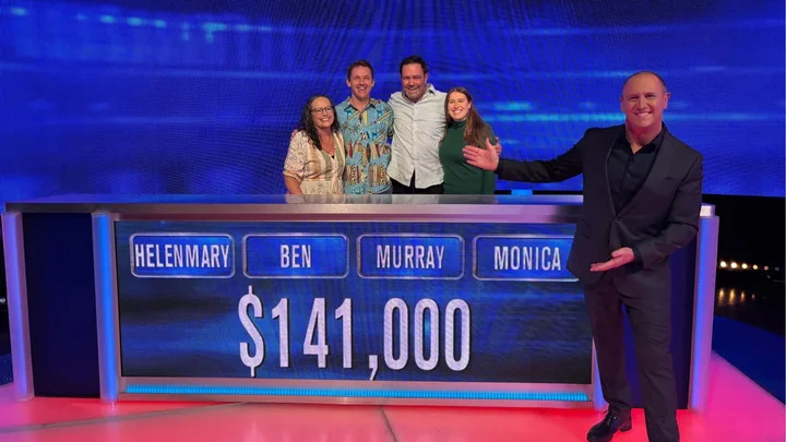 The Chase Australia contestants Helen-Mary, Ben, Murray and Monica with host Larry Emdur.