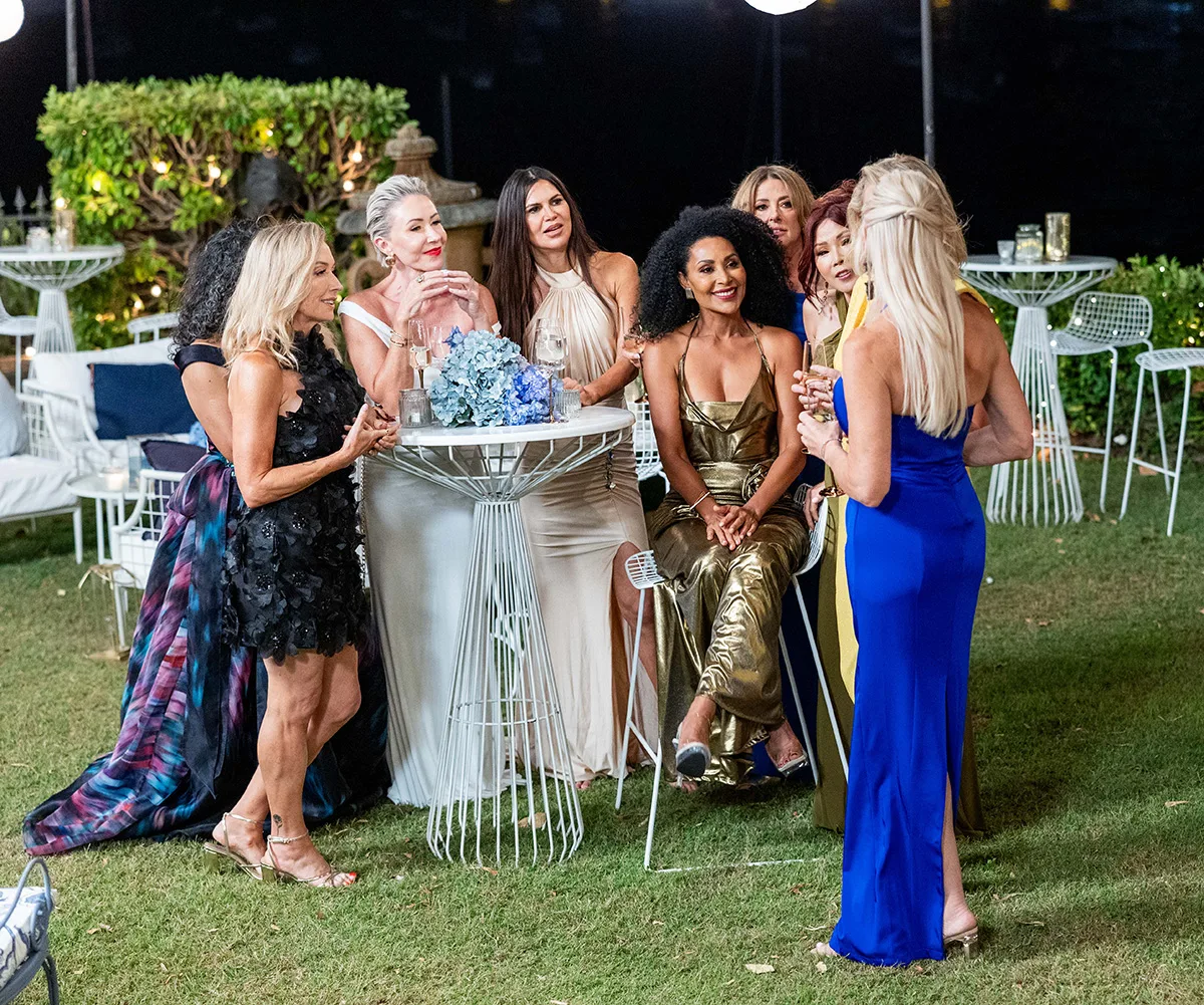 The ladies gather at a cocktail party in the backyard of the mansion on The Golden Bachelor.