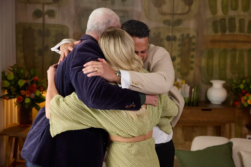 Host Scott cam hugs winners of The Block 2025, Britt and Taz.