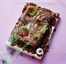 Halloween tombstone graveyard cake