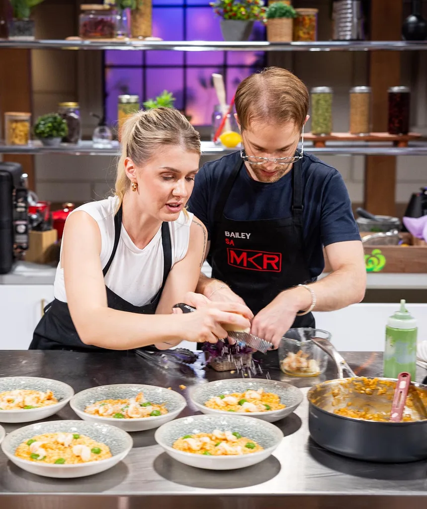 MKR's Maria and Bailey plate their dish in the pick-a-fridge challenge in Kitchen HQ.