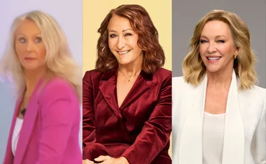 Jane from Big Brother in a pink jacket, Lynne McGranger in a dark red jacket and Rebecca Gibney in white