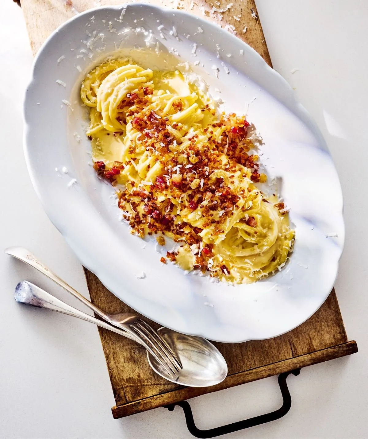 Donna Hay carbonara with pancetta crumb.