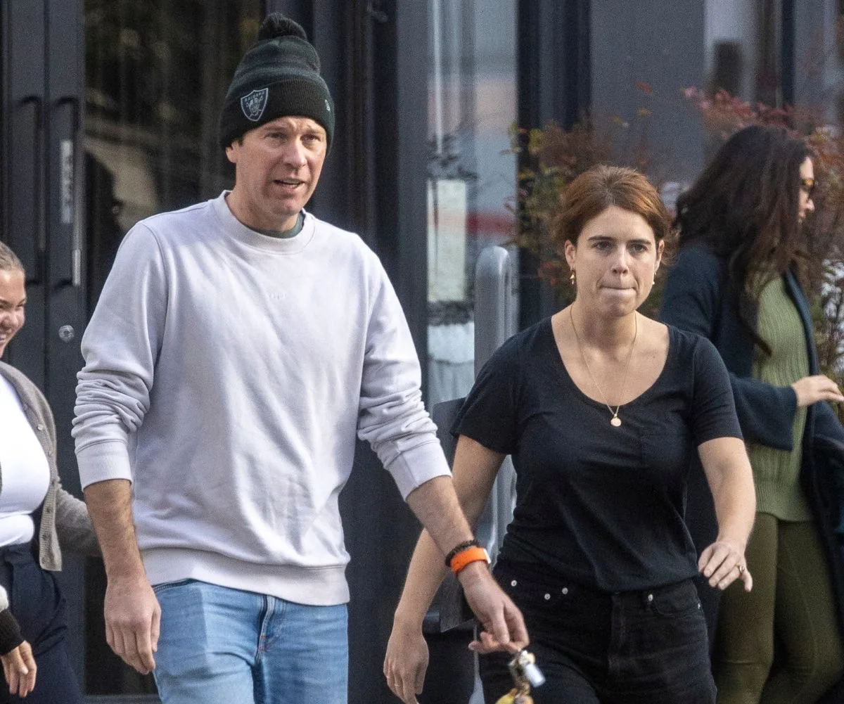 Life goes on: Eugenie and her husband Jack Brooksbank were spotted in London earlier this week (Image: Goff)