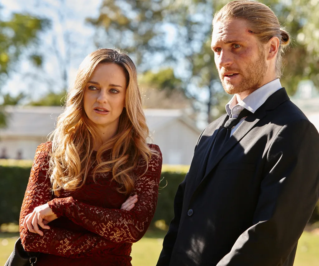 Tori and Ash at Kat's funeral in Home and Away.