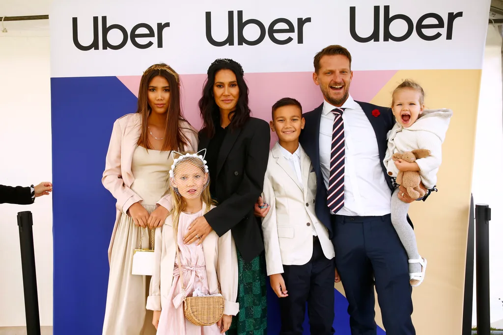 Lindy Klim, her husband Adam Ellis and their children Stella Rama-Ellis, Frankie Rama-Ellis and Rocco Rama-Ellis arrive at Seppelt Wines Stakes Day at Flemington Racecourse on November 09, 2019 in Melbourne, Australia.