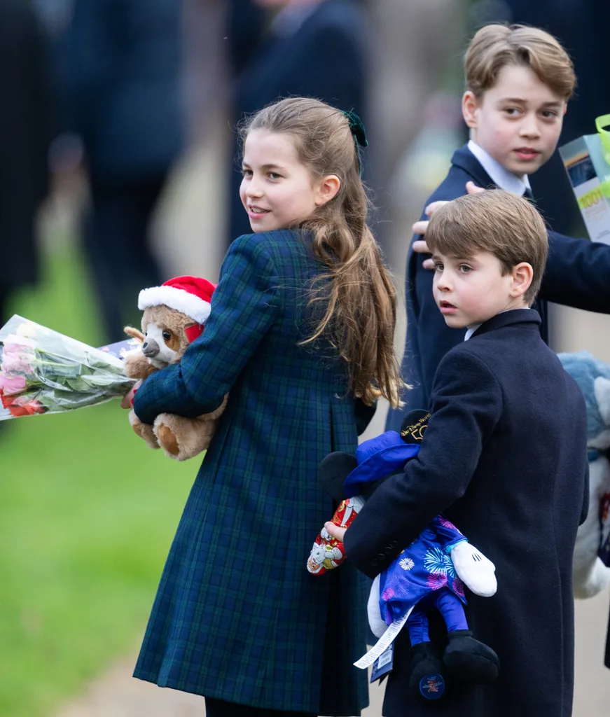 Princess Charlotte of Wales, Prince Louis of Wales and Prince George of Wales attend the Christmas Morning Service at Sandringham Church on December 25, 2024 in Sandringham, Norfolk.