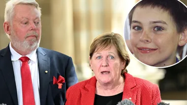 A man and a woman alongside an inset of a young boy.