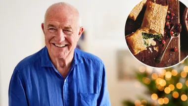 A man smiling with an inset photo of a filo pastry.