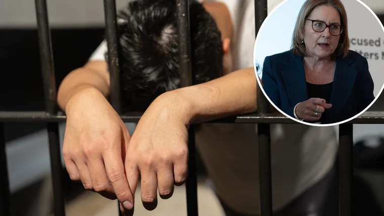 A child's hands shown behind bars and an inset of an older woman.