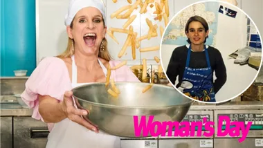A woman holding a mixing bowl