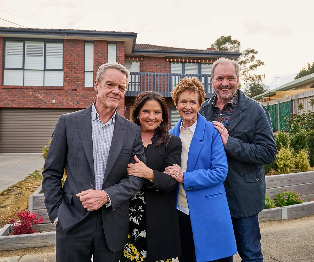 Stefan Dennis, Rebekah Elmaloglou, Jackie Woodburne and Alan Flecher on the set of Neighbours.