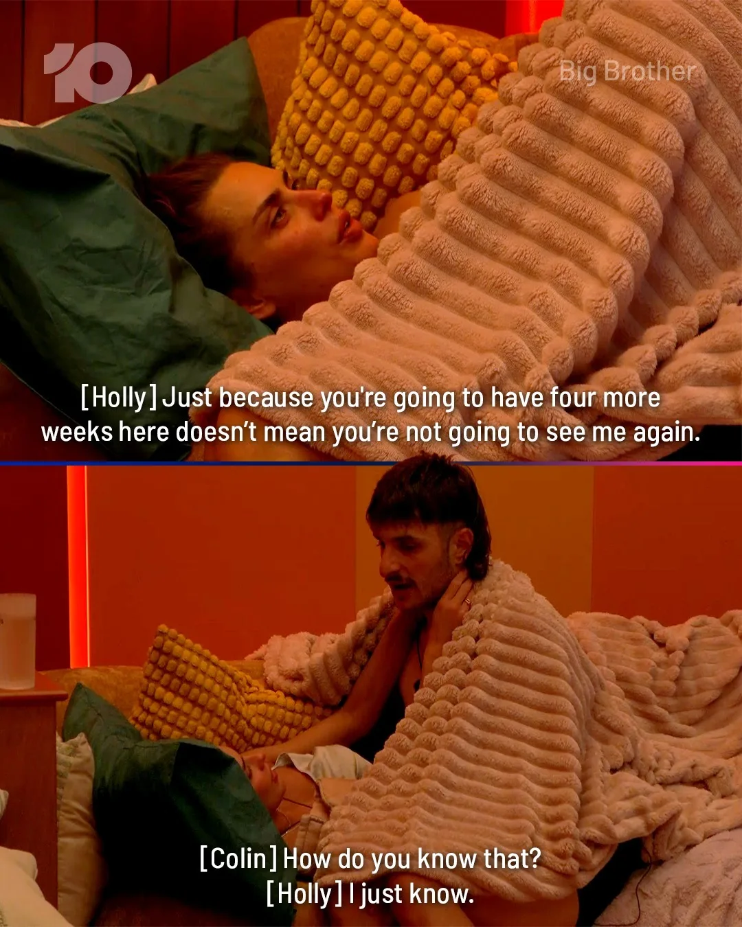 Colin and Holly chat about whether they would see each other in the real world on Big Brother Australia 2025.