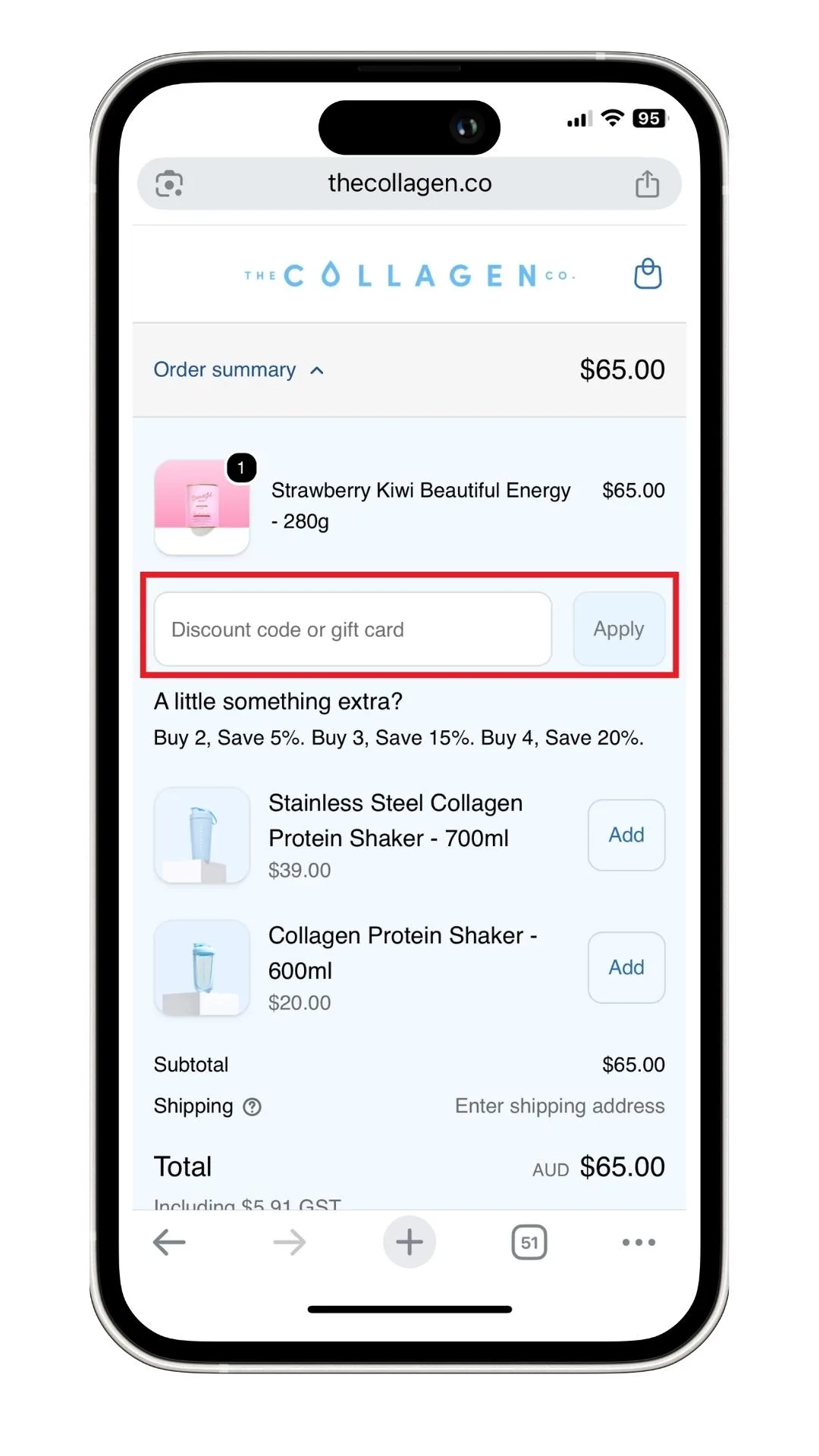A screenshot of where to add a The Collagen Co discount code on the checkout page.