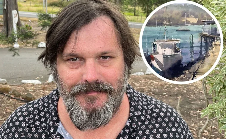 Rod Gardner and one of his paintings. (Image: Supplied)