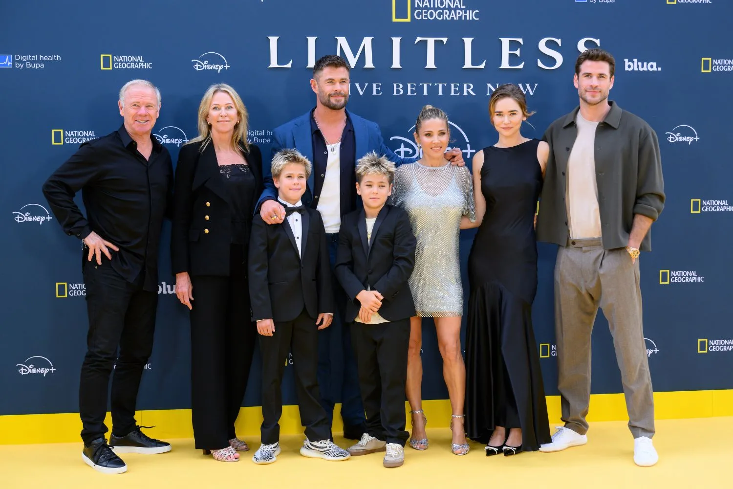 Craig Hemsworth, Leonie Hemsworth, Tristan Hemsworth, Chris Hemsworth, Sasha Hemsworth, Elsa Pataky, Gabriella Brooks and Liam Hemsworth attend the "Limitless: Live Better Now" UK Premiere at Odeon Luxe Leicester Square