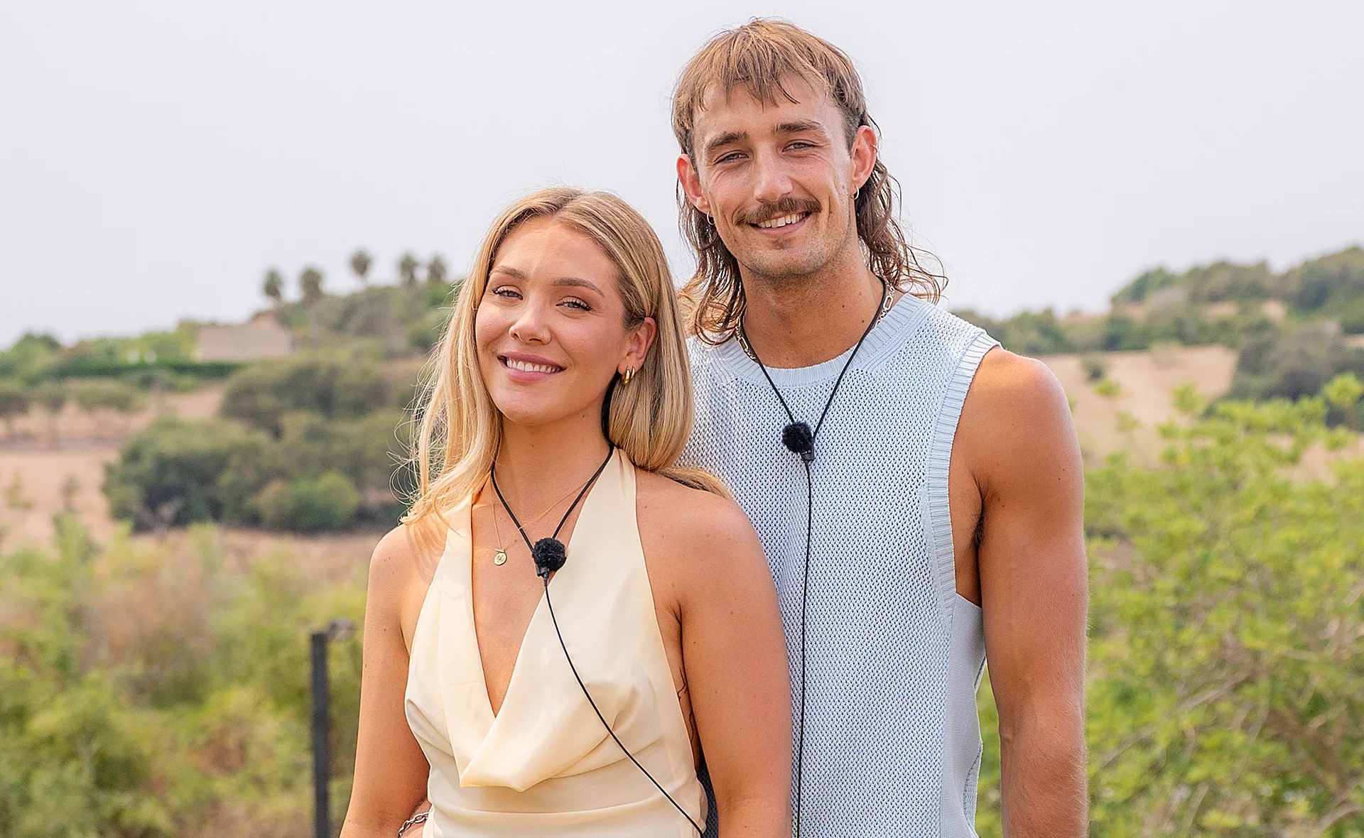 Sharn and Ross smiling in the Love Island Australia villa.